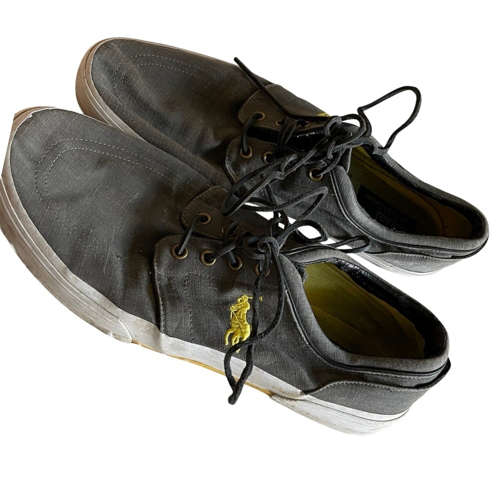 Polo Ralph Lauren Mens Faxon Grey Ripstop Canvas Sneakers Size 13D Yellow Logo